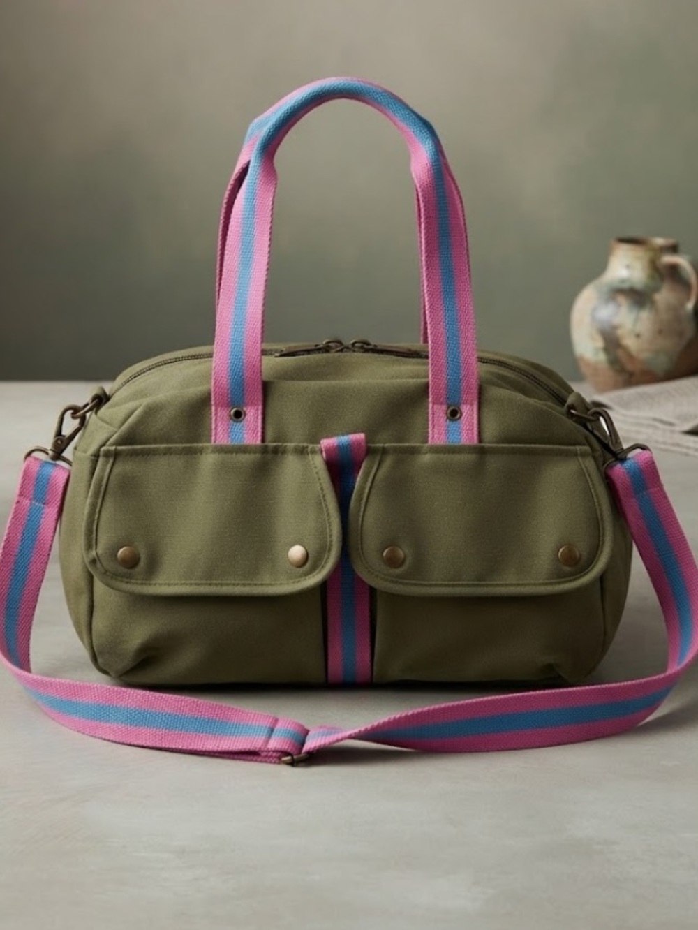 Ralph Lauren Olive Green Canvas Duffel with Pink & Teal Straps